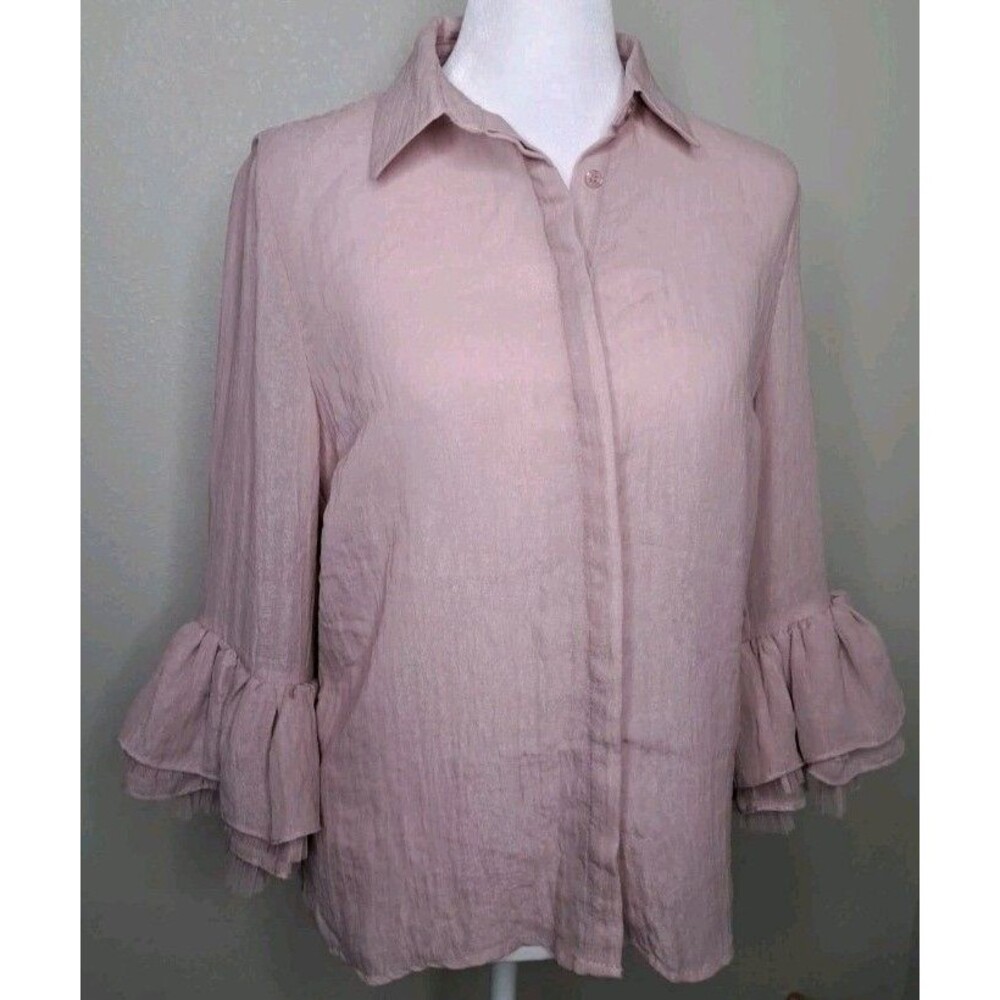 RESET By Jane Button Front Ruffle Sleeve Blouse Semi Sheer Pink Romantic Boho S